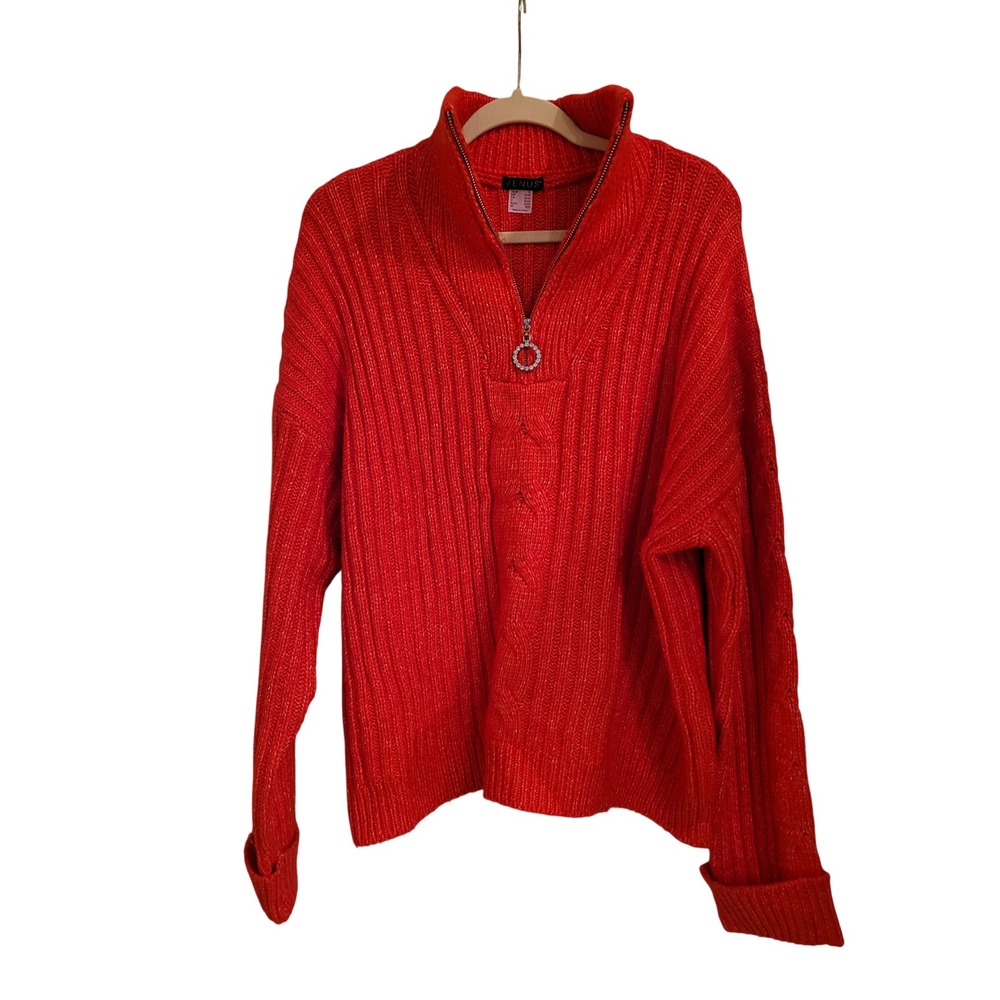 Venus Red Ribbed Quarter Zip Rhinestone Ring Pullover Sweater 1X